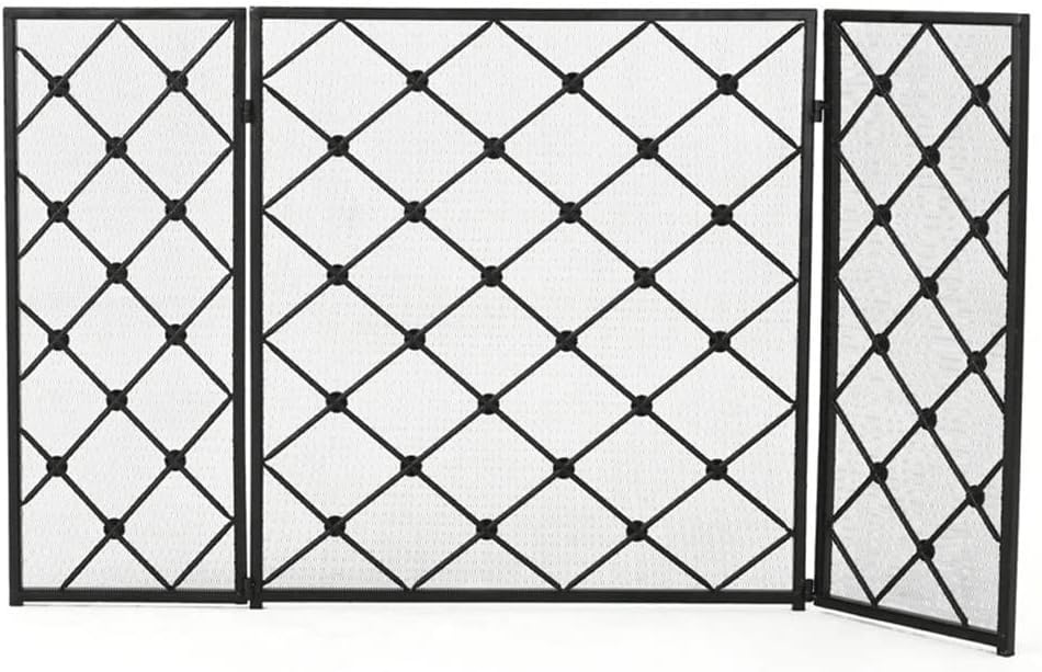 Fireplace Folding Screen Spark Screen Wrought Iron 3 Panels Fireplace Screen Indoor Fence Home Fireplace Accessories Fireplace Spark Guard Fire Place Assecories Set (Black)