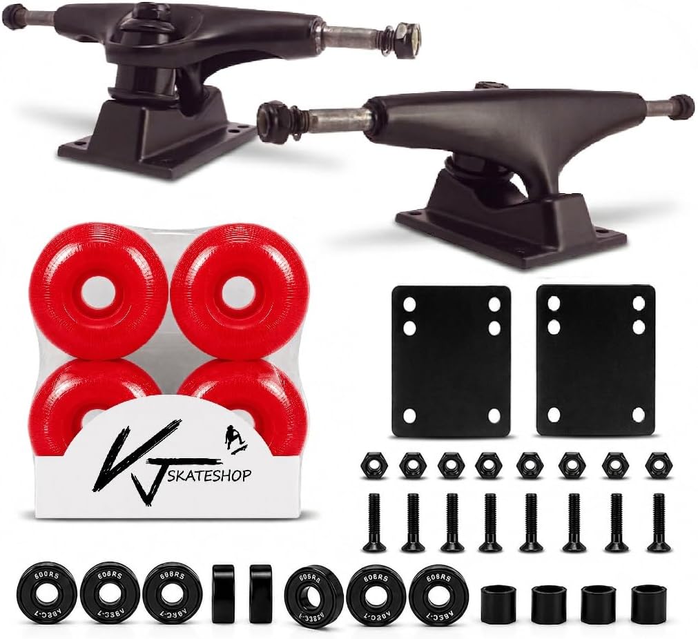 VJ Skateboard Trucks Ruedas Rodamientos Hardware Riser Pad Kit para plataforma de 7,5-8" | Kit completo de piezas de monopatín con ejes, ruedas, rodamientos y hardware