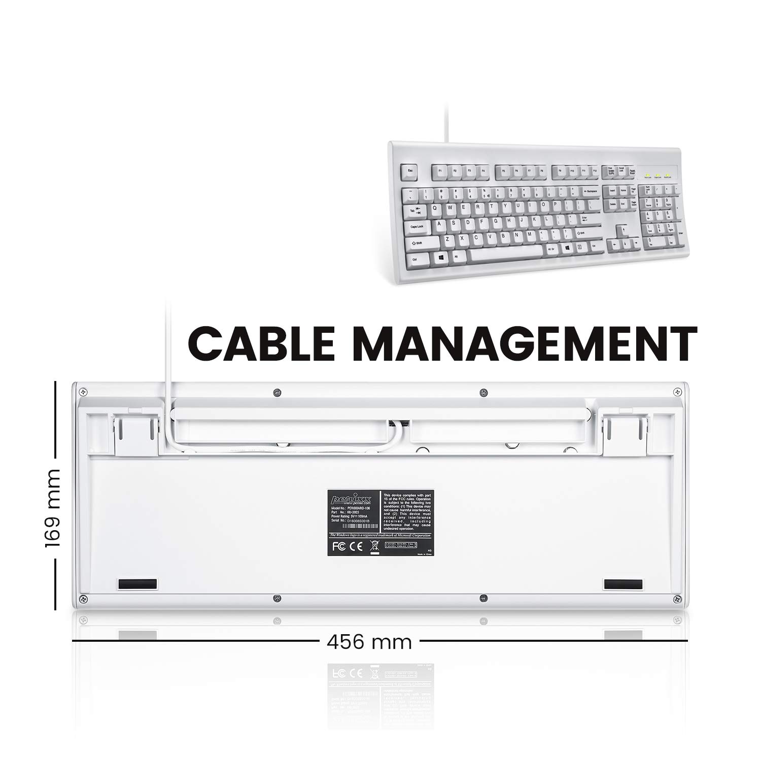 Perixx PERIBOARD-106 Clavier USB anglais (US QWERTY) - Haute performance - Touches plus hautes - Taille complète avec clavier numérique - Blanc