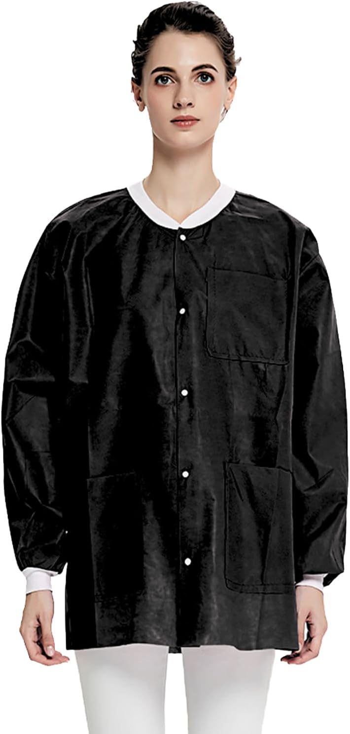 Greenour Pack of 10 Disposable Lab Coats Black for Adults Short Lab Jacket with Knitted Cuffs and Collar, 3 Pockets - Image 5
