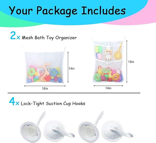Miniatura 2 de 2 bolsas de malla para juguetes de bañera, organizador de juguetes de baño de 18 x 14 pulgadas, 4 ganchos ultra fuertes, color blanco