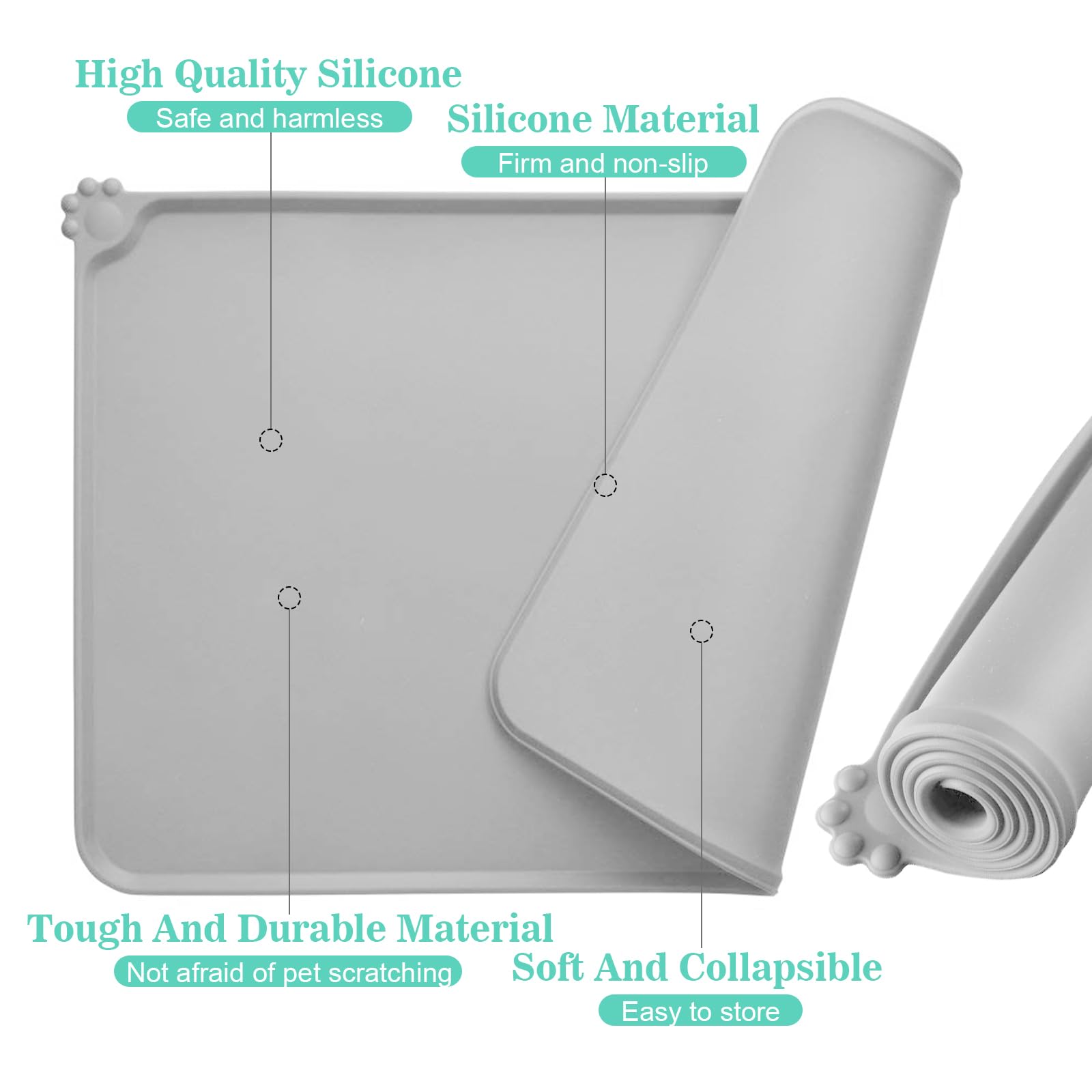 Domkan 2 Tappetino Ciotola Cane, Tappetino Ciotole Gatto 48x30cm, Antiscivolo Sottociotola per Cani, Impermeabile Tappetino Silicone Ciotole Cane, Grigio e Nero