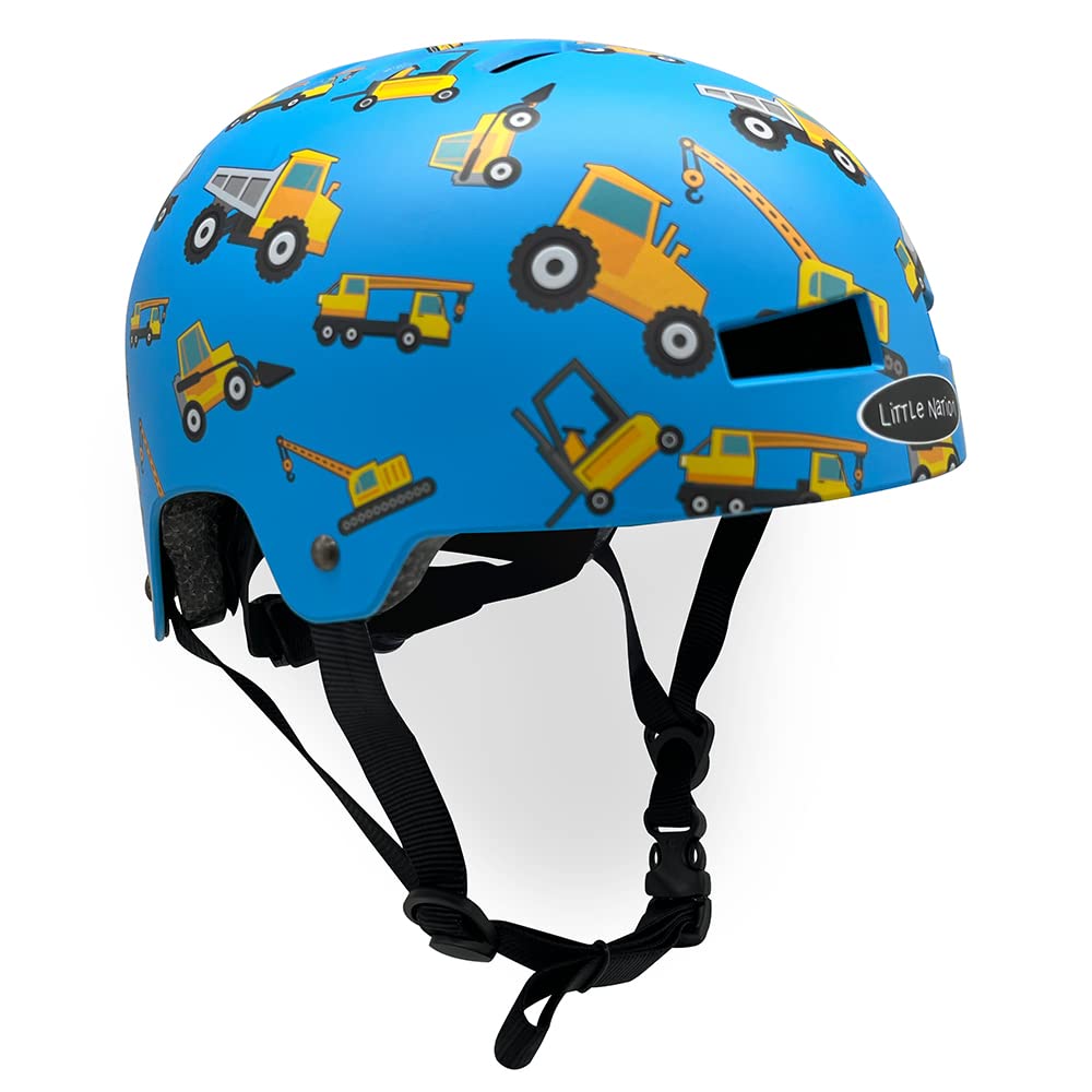 Little Nation Kids Bike Helmet – Safe & Adjustable Helmet for Bicycle, Scooter, and Roller Skates, Lightweight Design for Toddlers & Children (Blue with Yellow Trucks)