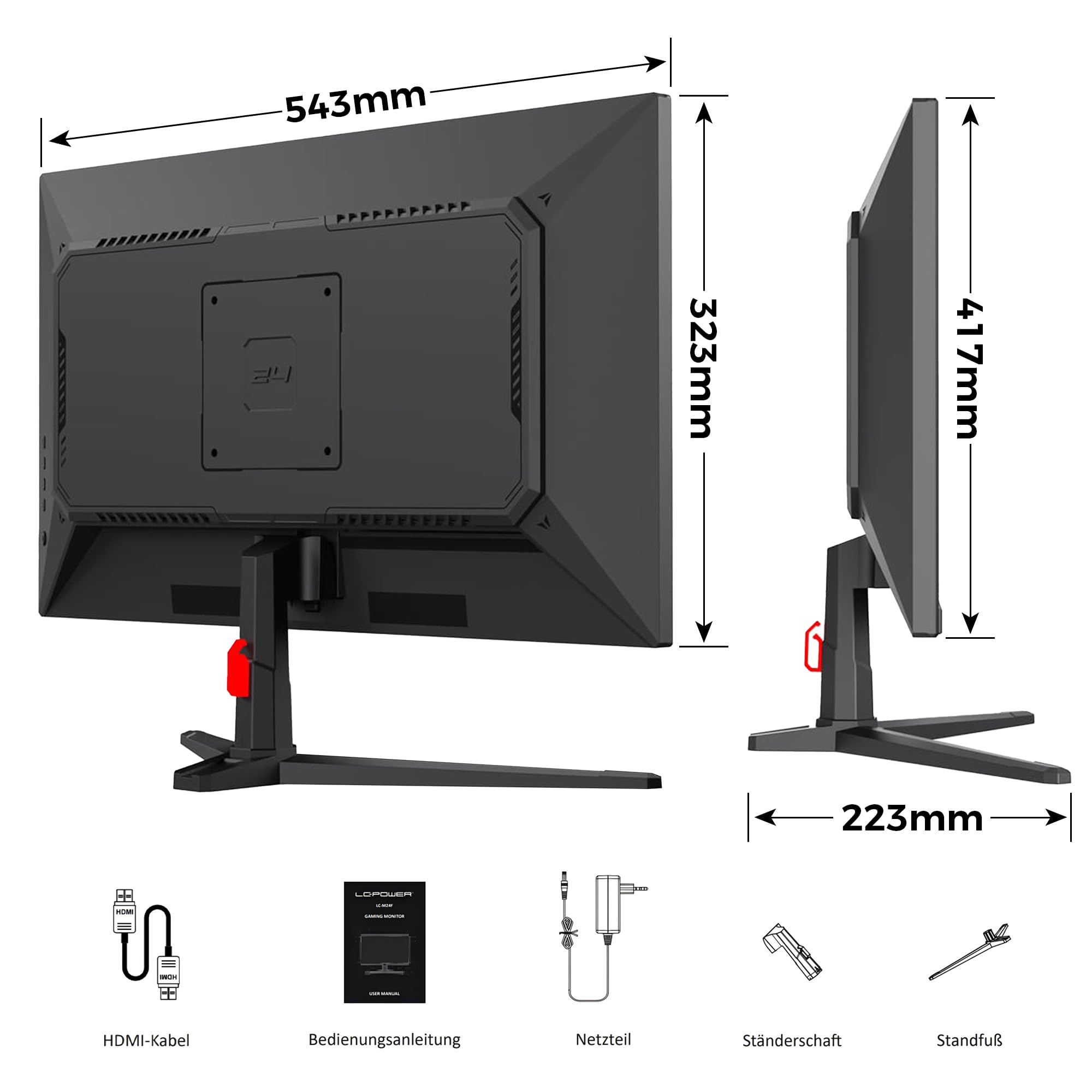 LC-POWER 24 Zoll FHD Gaming Monitor, 1920 x 1080 Rapid IPS Panel, 144Hz, 1ms MPRT, HDMI 2.0/DP 1.4, Frameless Design, VESA 100x100mm