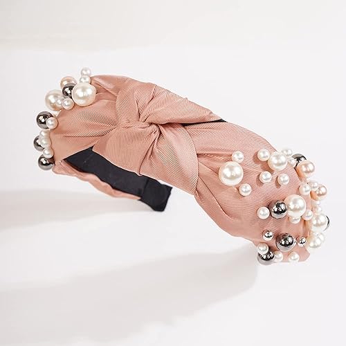 Miniatura 10 de Diademas anudadas de perlas para mujer, diadema ancha de perlas anchas para la cabeza, accesorios para el cabello bohemios (amarillo)