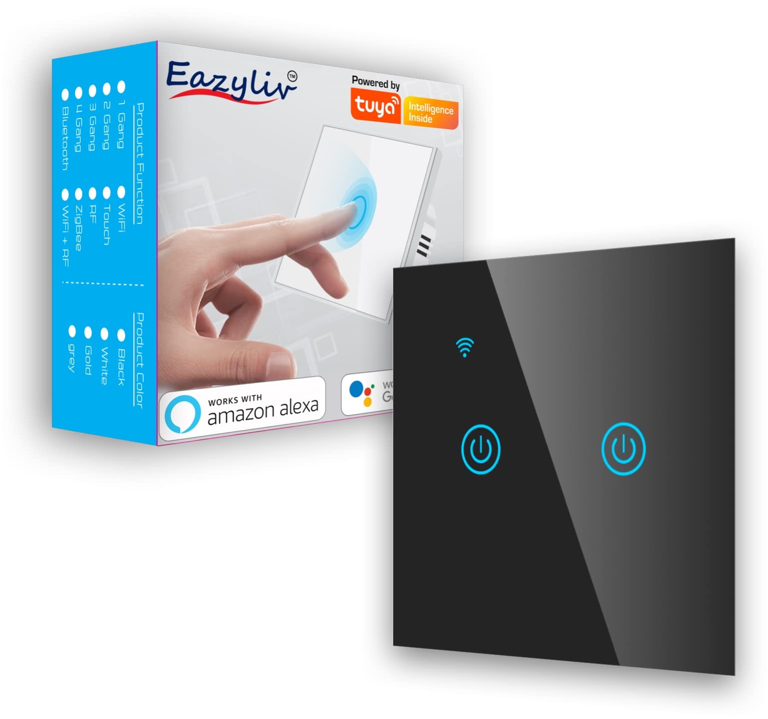 Eazyliv Smart Solutions Tuya WiFi & RF433 Touch Light Switch 220V, No Neutral Wire Required Wall Switch Works with Alexa Echo Google Home(2Gang)