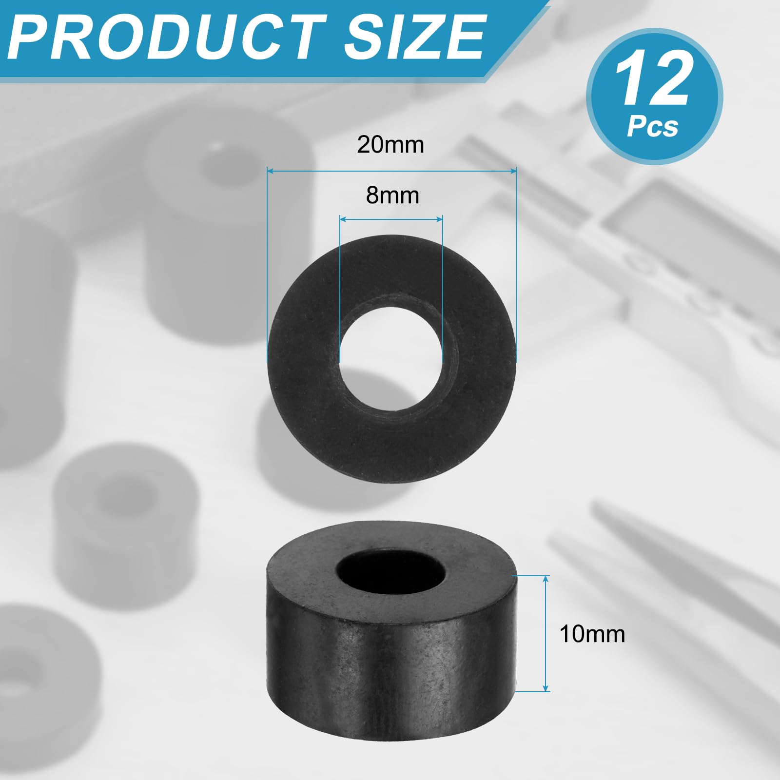 QUARKZMAN 12 sztuk gumowych podkładek dystansowych, średnica zewnętrzna 20 mm, średnica wewnętrzna 8 mm, wysokość 10 mm, czarne, okrągłe tulejki dystansowe, grube gumowe podkładki dystansowe