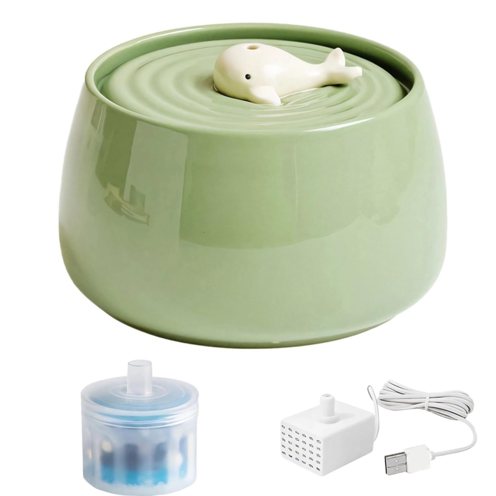 Fuente de agua de cerámica para gatos, dispensador de agua para mascotas de 45 onzas con cartucho de purificación doble, cuenco automático silencioso, bonito diseño de ballena para gatos