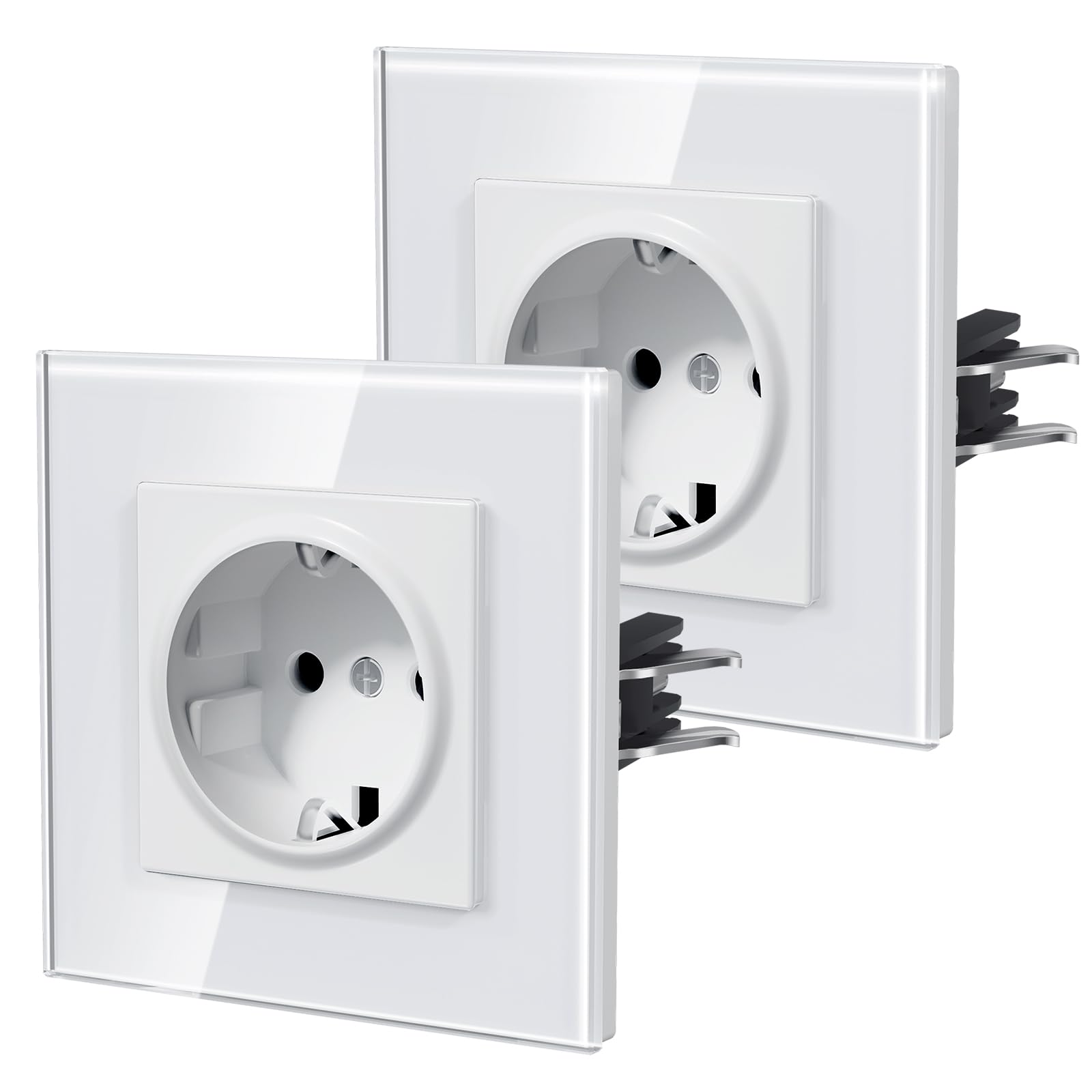 BSEED Steckdose aus Glas, EU-Standard Wandsteckdose mit Krallen, Einbausteckdose mit Kindersicherung, Einfach Montage, Neu E-Serie, 16A 250V,1 Fach-2 Pack,86mm Weiß
