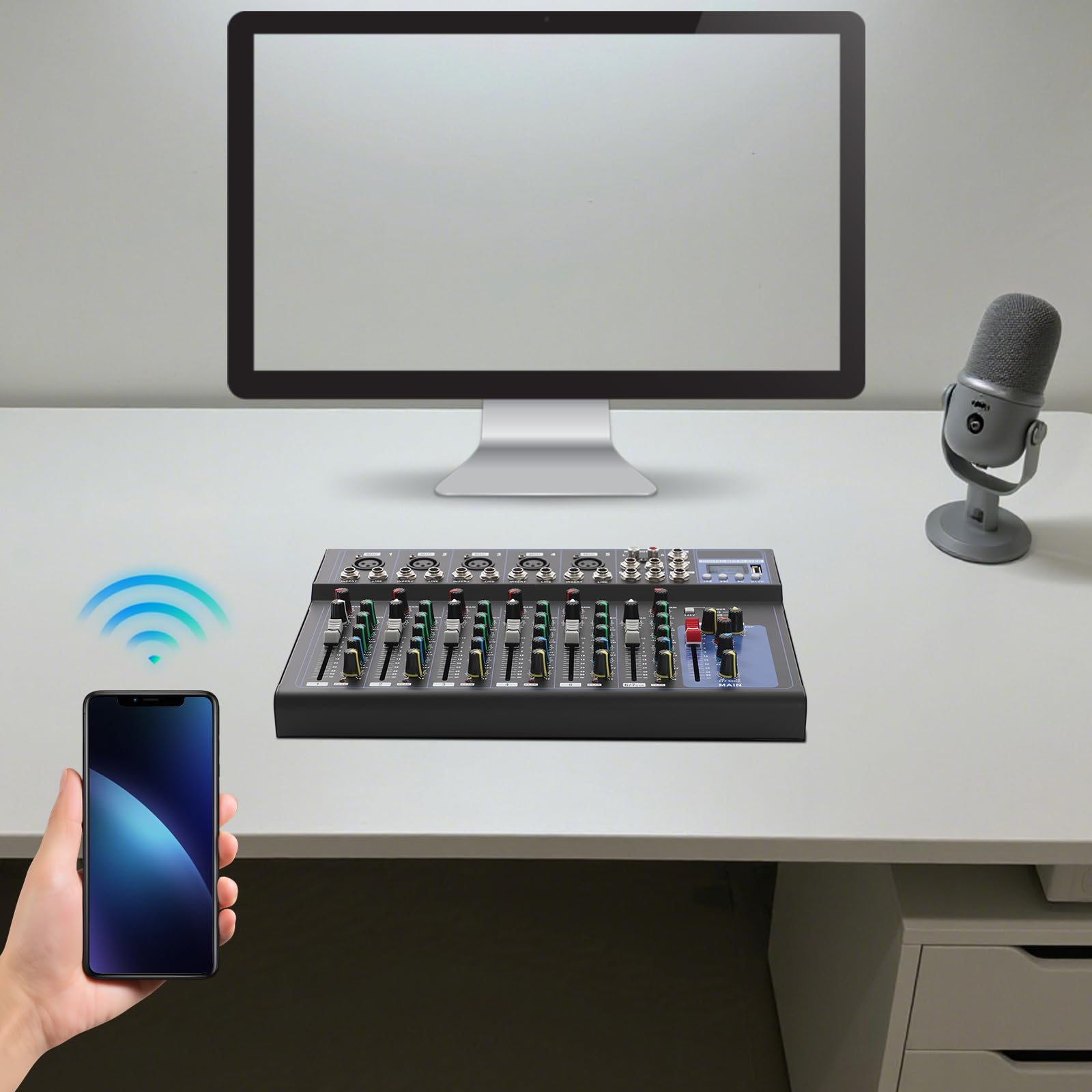 Mesa de mezclas, mezclador de audio de 7 canales, controlador de DJ, mesa de mezclas DJ con seis estilos de música integrados, ecualizador estéreo para la grabación de aplicaciones de música de