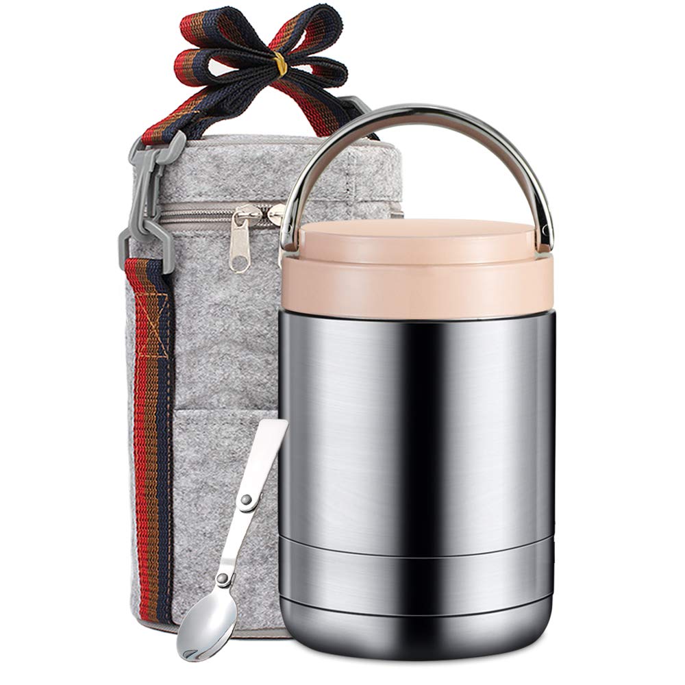 ArderLive Insulated Food Jar 42oz, Lunch Thermos with Spoon, Leak Proof Stainless Steel Lunch Containers,Hot Cold Food for School Office Picnic Travel Outdoors light pink