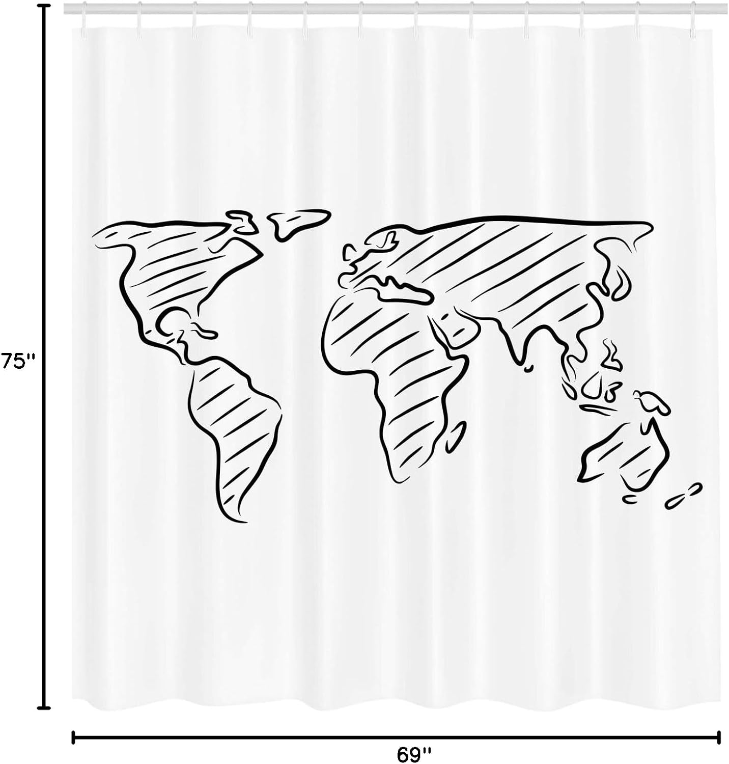 Ambesonne World Map Shower Curtain, Illustration of Outline Sketch of The World Map in Drawing Effect Art Print, Cloth Fabric Bathroom Decor Set with Hooks, 69" W x 75" L, Black White