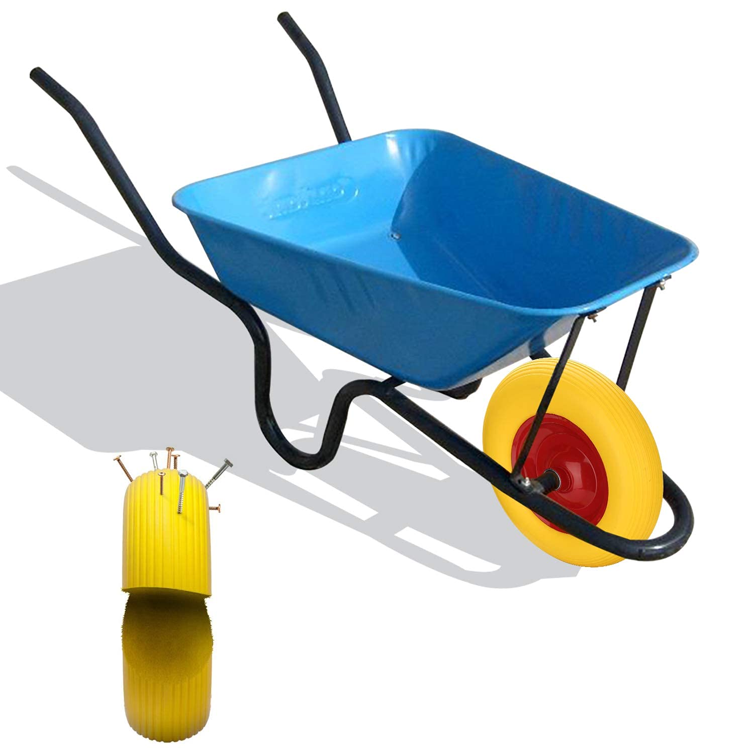 2x Schubkarrenrad 4.80 4.00-8 Vollgummi, Ersatzrad, pannensicher, 200 kg Tragkraft Gummirad mit Achse 95mm Breite, Stahlfelge Reifen gelb-rot, für Gartenkarren