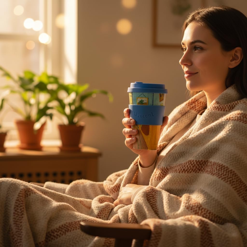 Ecoffee Cup 14oz (400ml) Van Gogh Reusable Coffee Cup – PLA Plant-Based Travel Mug with Silicone Lid, Melamine Free & Dishwasher Safe – The Bedroom