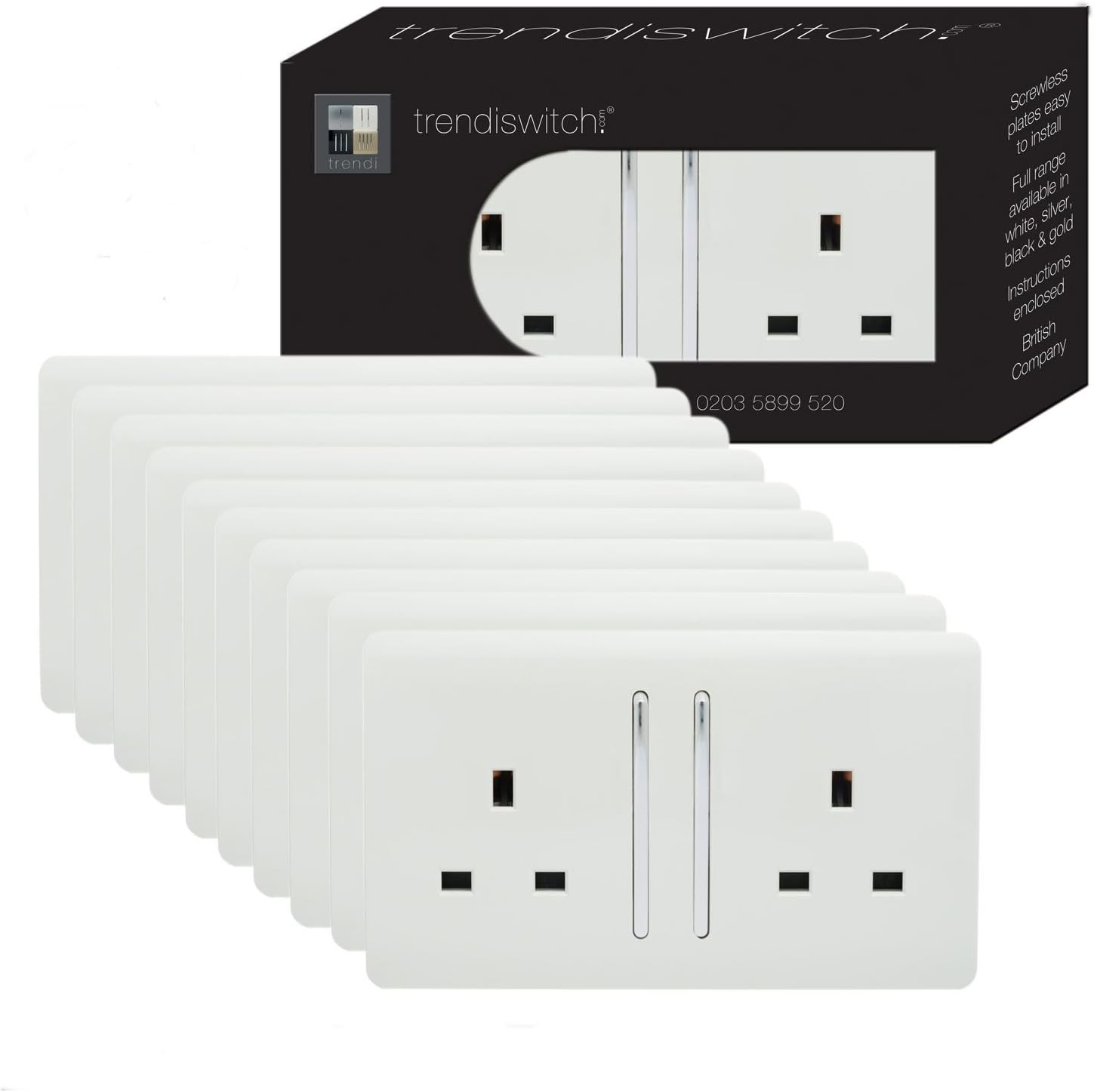Trendi Switch 2 Gang Artistic Modern Glossy 13 Amp Electrical Long Switched Double Plug Socket White x10