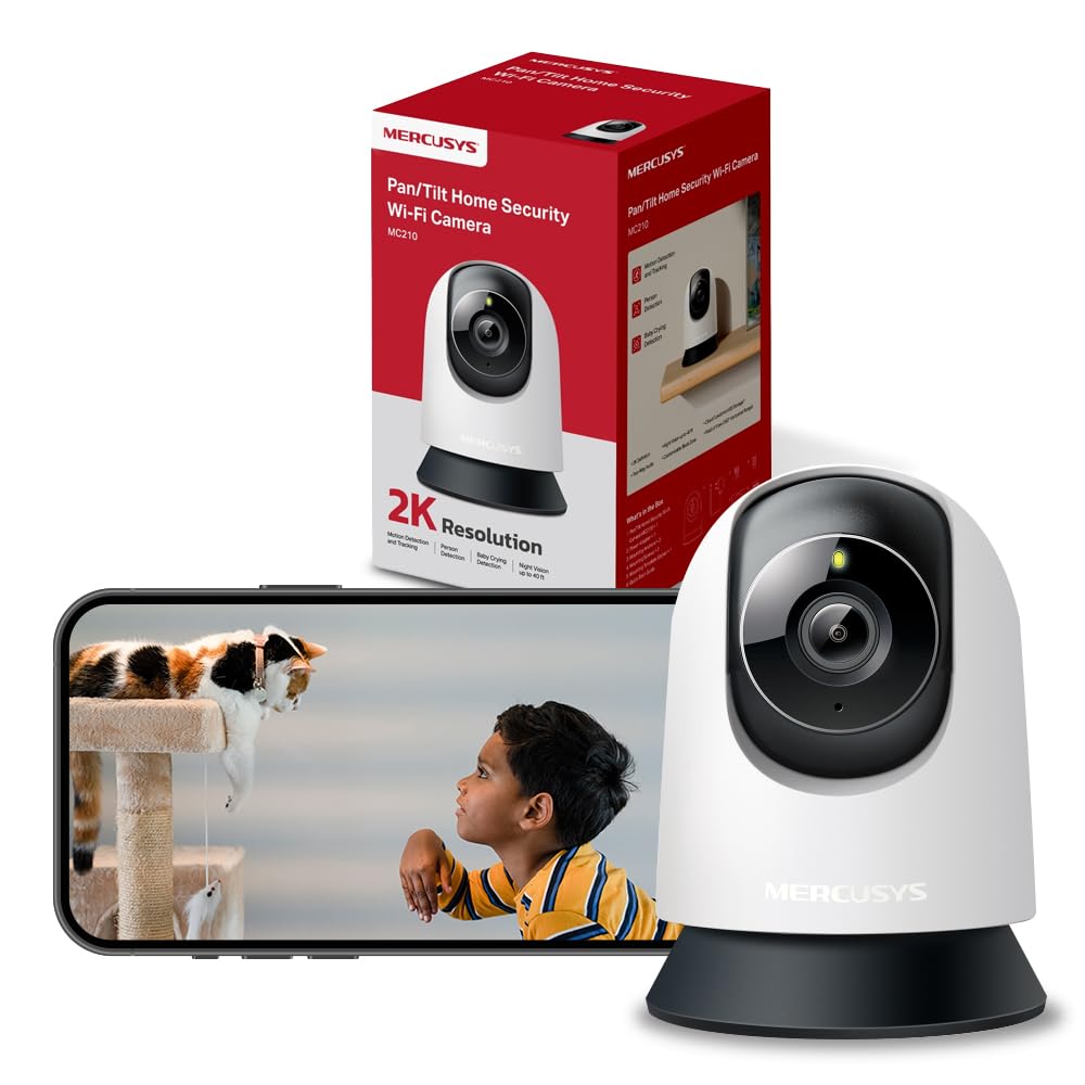 MERCUSYS Caméra Surveillance WiFi intérieure 360° 2K, Vision Nocturne, Notifications en Temps réel, Détection de Personne, Suivi de Mouvement, Télécommande, Compatible avec Alexa, MC210