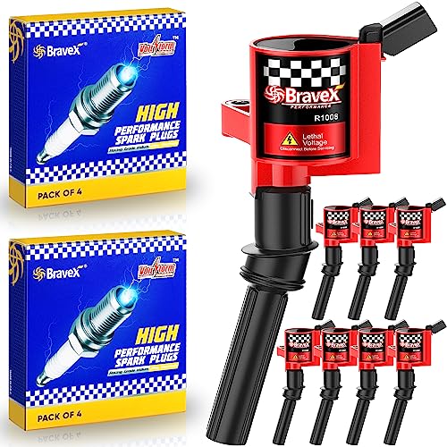 Bravex Ignition Coil Pack & Spark Plug SP479 for Ford F-150 F-250 4.6L 5.4L V8 DG508 DG457 DG472 DG491 Crown Victoria Expedition Mustang Lincoln Mercury Curved Boot Set of 8 (15% More Energy) by Bravex - Used condition - US$65.13