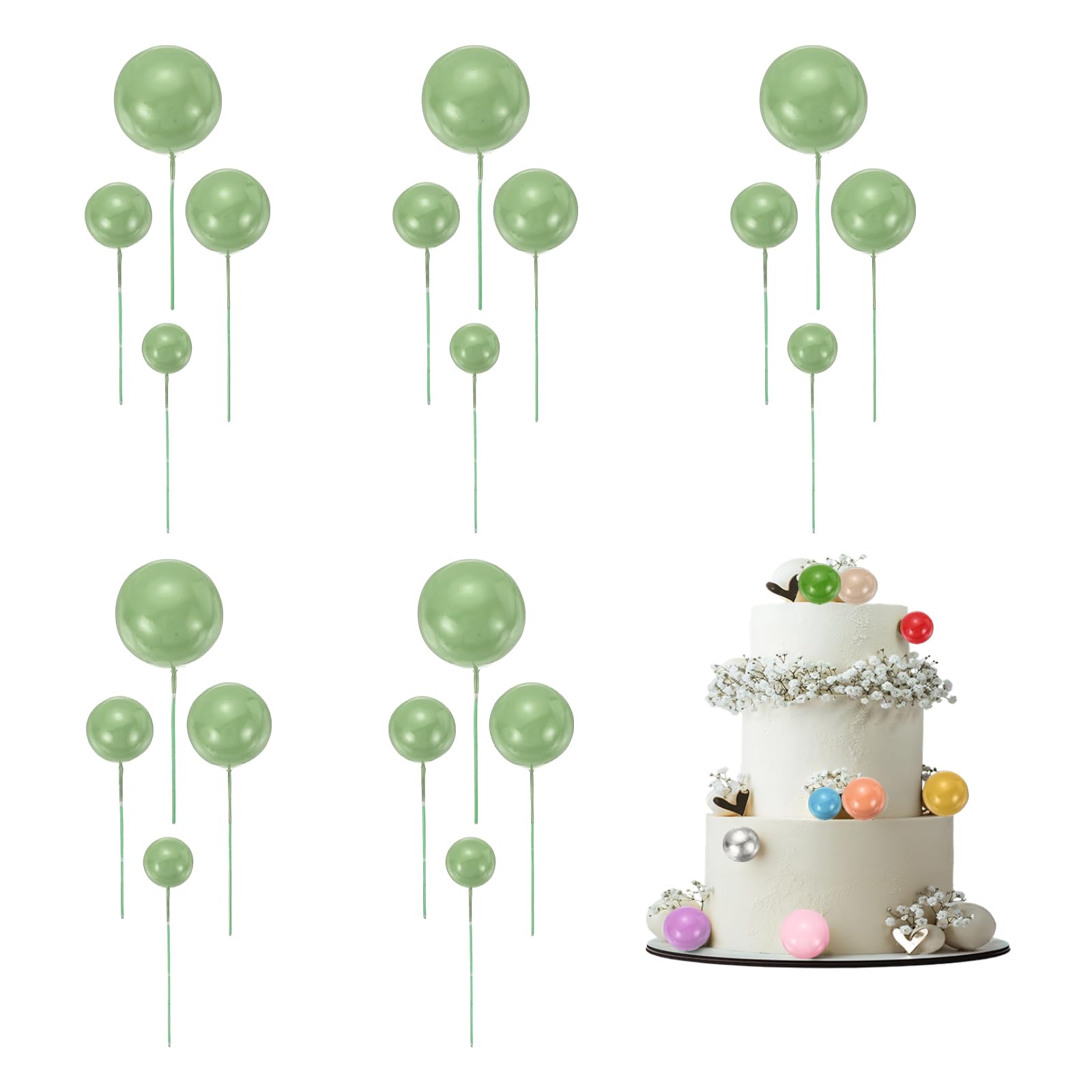 sourcing map 20Pcs Cake Toppers Foam Ball, Cupcake Insert Cake Toppers Cupcakes Decoration Balls for Theme Birthday Party Favors Wedding Halloween Christmas Supplies, Matcha Green — image 1