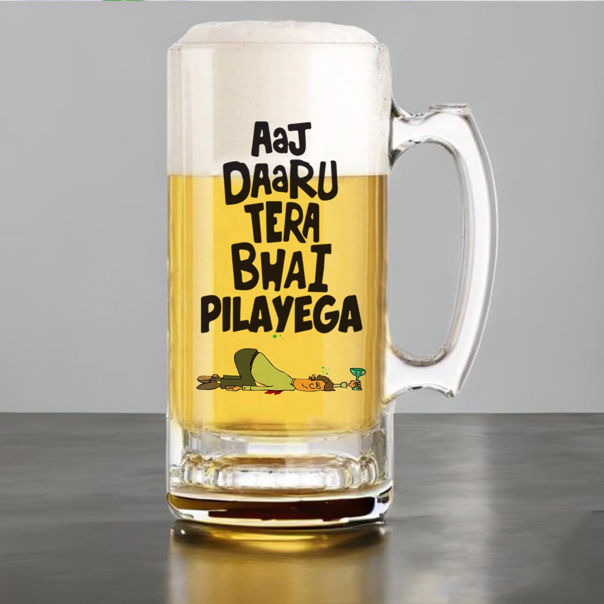 JIKRAA® Funny Beer Mug – Transparent Glass Beer Mug with Printed Quote “Aaj Daaru Tera Bhai Pilayega” | Heavy Duty Beer Glass Mug | Funny Drinking Mug for Friends, Party, Bar, Birthday Gift