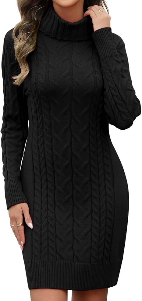 PASUDA Winter Jumper Jurken Vrouwen Stretchy Gebreide Jurk Dames Lange Mouw Coltrui Slim Fit Kabel Tuniek Trui Jurk Bodycon Pullover Knitwear, legergroen, S