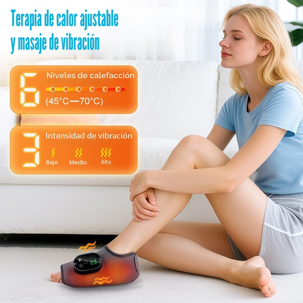 Masajeador de Pies Eléctrico 3 en 1 Inalámbrico, 3 Modos, 6 Niveles de Calor Ajustable, Temporizador de 3 Tiempos, Incluye Banda de Extensión, para Tobillo, Talón, Planta y Empeine