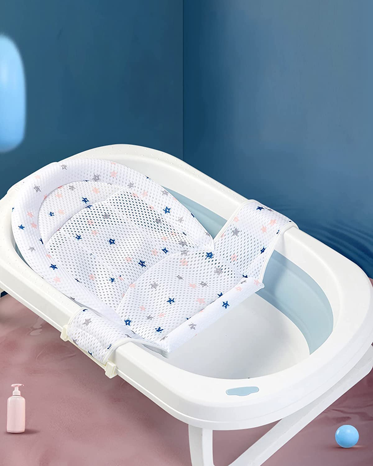 Baby Bath Seat Support Net, Infant Bath Mat with Adjustable Five Corner Buckle, Quick-Drying Float Shower Mesh Bathing Sling, Foldable Newborn Bathtub Shower Mesh for Most Bathtub (T-shaped)