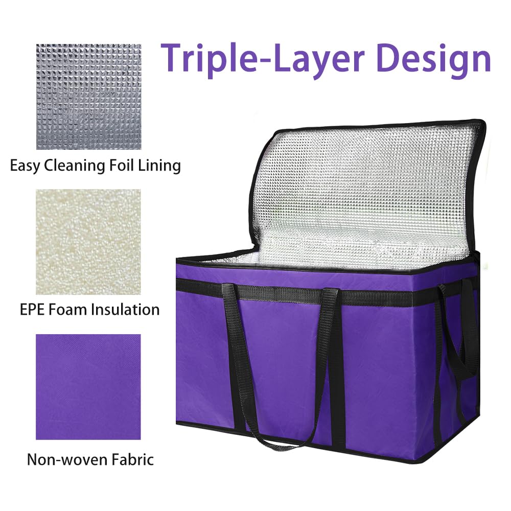 Bodaon Paquete de 1 bolsa aislada para entrega de alimentos, bolsa de aislamiento para alimentos fríos y calientes, comercial, bolsa de calentamiento reutilizable de gran capacidad, color morado