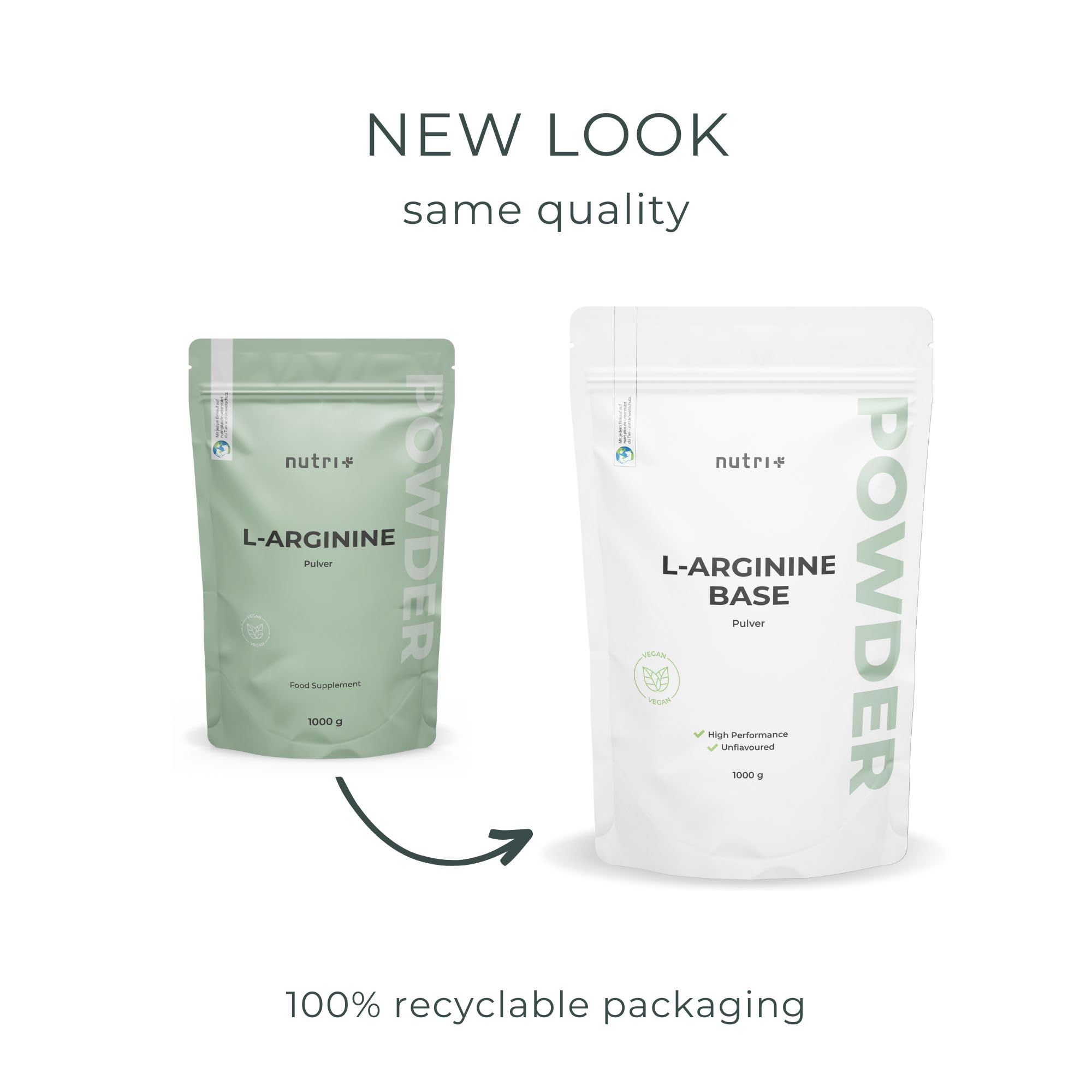 nutri+ L-Arginine Base Poudre 1 kg - hautement dosée - végétale par fermentation - L-Arginine pure Powder 1000 g - Vegan - Neutre - sans additif - qualité premium