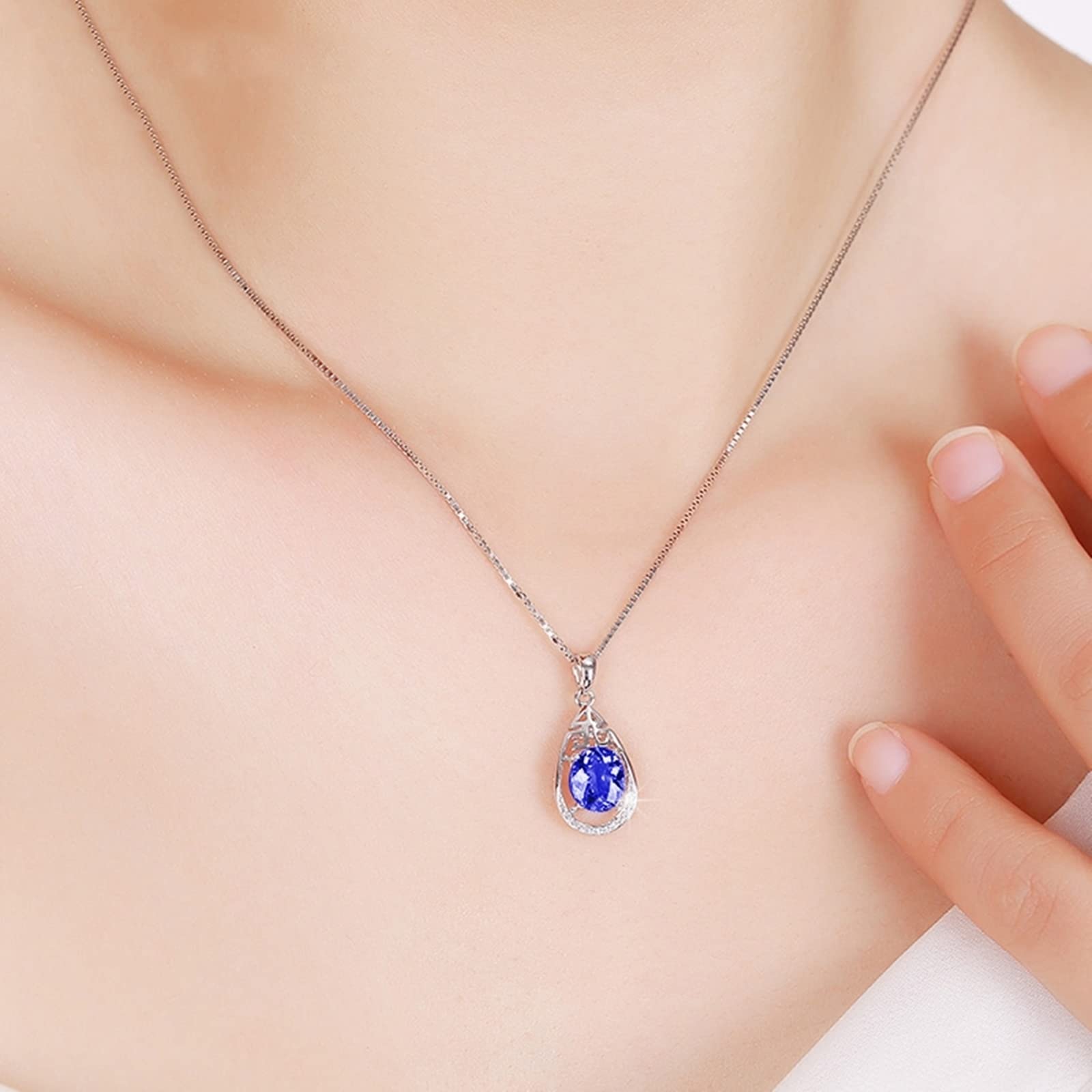 Naszyjnik z tanzanitem dla kobiet, białe złoto naszyjnik dla kobiet z wisiorkiem tanzanit 1,5 ct i sztuczny diament, regulowany łańcuszek 40 cm i przedłużka 5 cm