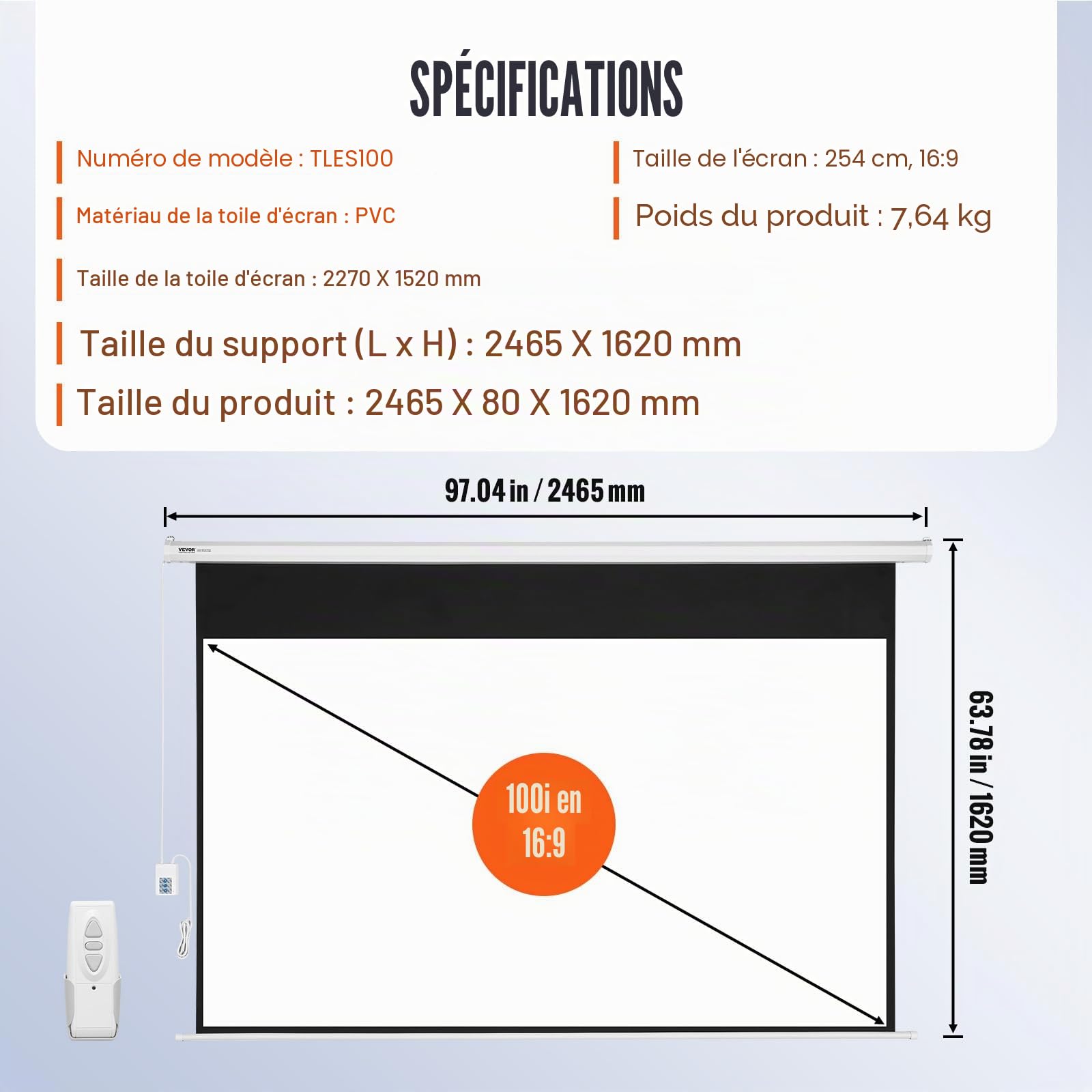 VEVOR Écran de Projection Motorisé 100 Pouces 16:9 HD 4K 1080 Toile de Projection Anti-Plis avec Télécommande Grand Angle de Vision Montage Mural Direct pour Vidéoprojecteurs Cinéma Maison Intérieur