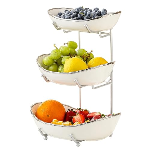 Ceramic Fruit Bowl for Kitchen Counter 3 Tier Fruit Basket with Metal Stand