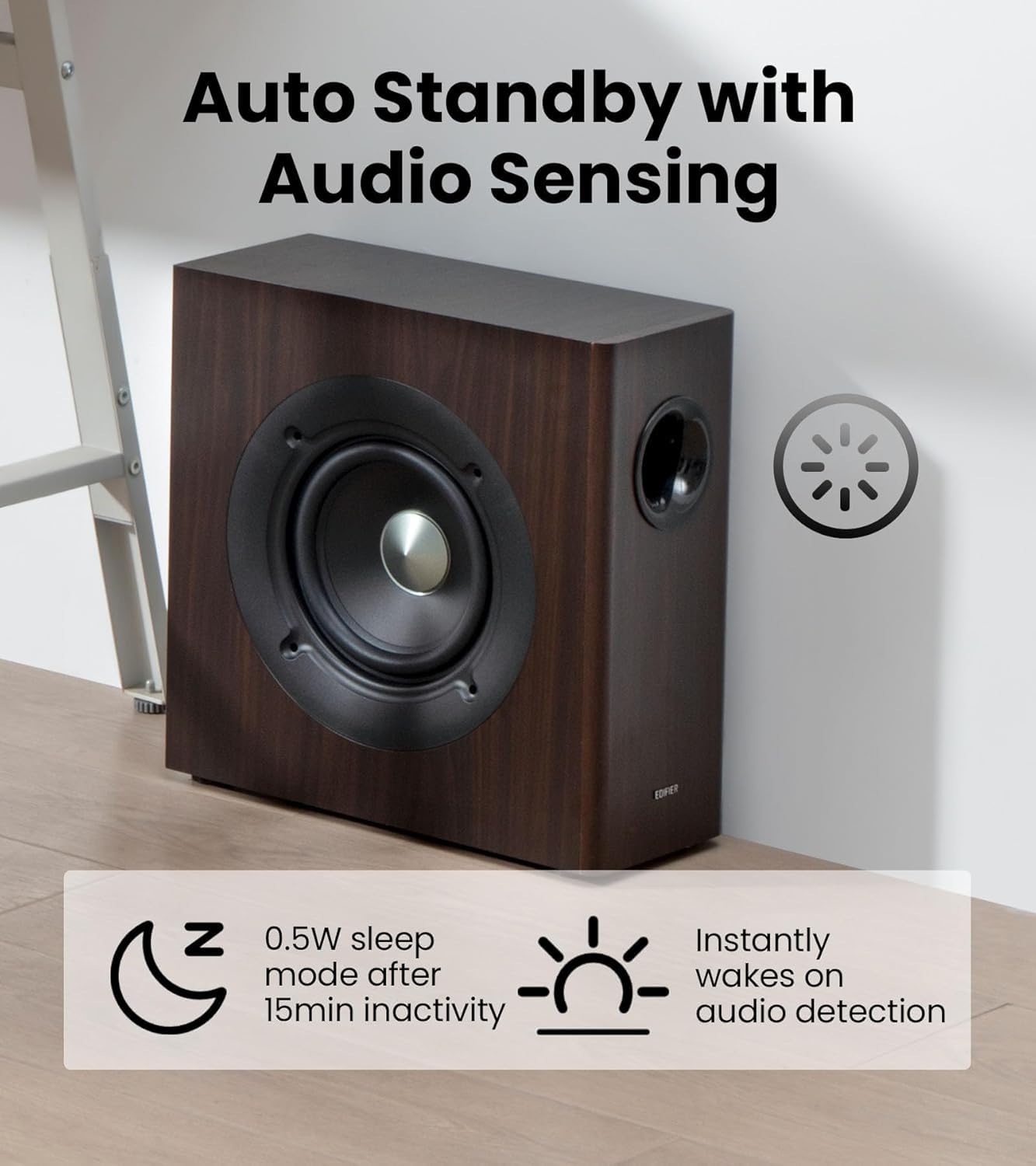 Edifier T5s Active Subwoofer – woofer de 8 pulgadas – 70 W – Filtro de paso bajo – Frecuencia hasta 35 Hz – Carcasa MDF para reducir la resonancia – En espera – Conectores RCA – Diseño atemporal
