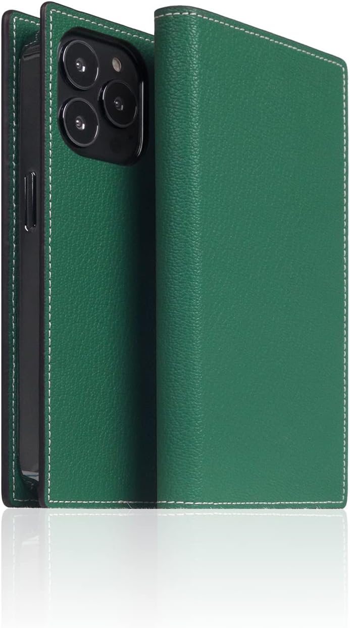 D6 Hybrid Grain Leather Wallet Case for iPhone 14 Pro - Handcrafted Diary Style with Card Holders and Side Cash Pocket, Gift Box Included (Sea Green)