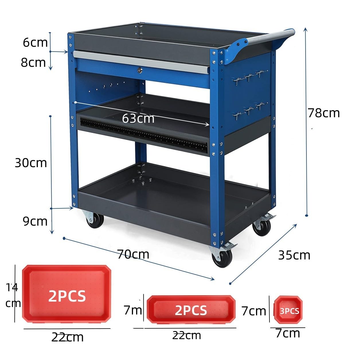 AIRAJ 3-Layer-Werkzeugwagen mit 8 Schubladen-Organizer,Abschließbare Schubladen,Maximalen Belastung von 200 KG,2 Universalräder,Multifunktionaler Werkzeugwagen mit Geeignet für Werkstätten,Lager