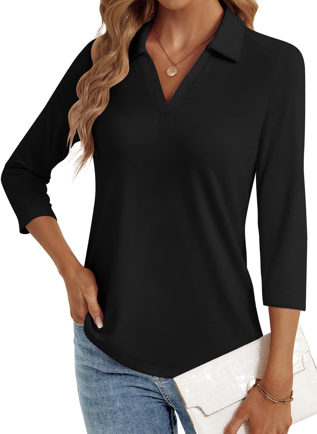 LYHIPSS 3/4 Length Sleeve Womens Tops Dressy Casual V Neck Polo Shirts Business Work Blouses 2025 Trendy Tunic Top