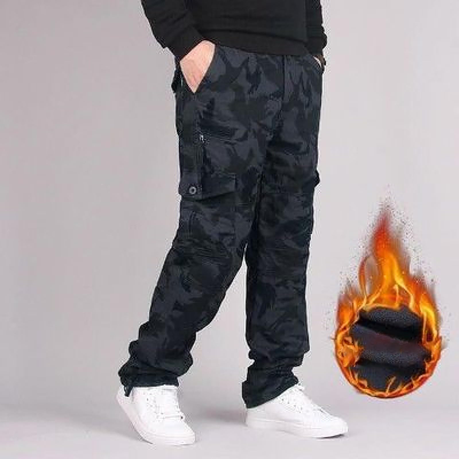 Pantalones térmicos con forro polar para hombre, cintura elástica, pantalones casuales cargo de invierno para hombre