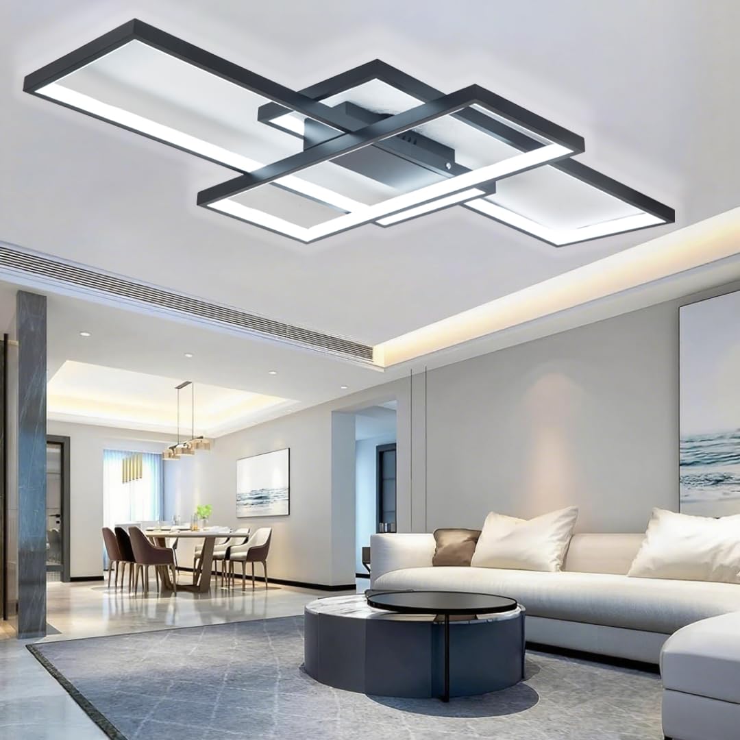 LED Deckenleuchte Modern Design Deckenlampe Wohnzimmer, 65W Dimmbar WohnzimmerLampe Decke Mit Fernbedienung, Rechteckig Deckenleuchte Schwarz Für Schlafzimmer Küche Wohnzimmer Beleuchtung, 80cm