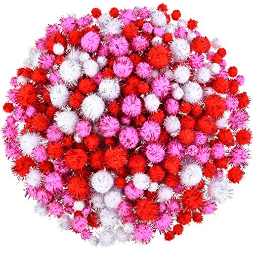Boao 600 Pieces Valentines Pom Poms Assorted Glitter Fluffy Balls for Valentine‘s Day DIY Crafts Party Decorations, 3 Colors