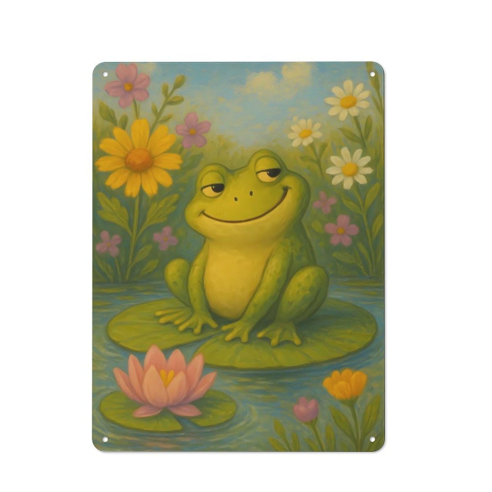 Junmoney Smiling Frog On Lily Pad Painting For Guest Room Or Hallway, Retro-Style Tin Sign 40X30cm, For Vintage Wall Decor Fans, For Themed Room Decoration