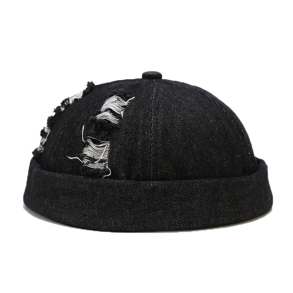 Mens Womens Docker Cap Denim Brimless Hats Beanie Worker Sailor Rolled Cuff Retro Hat with Adjustable (DZM67-BK)