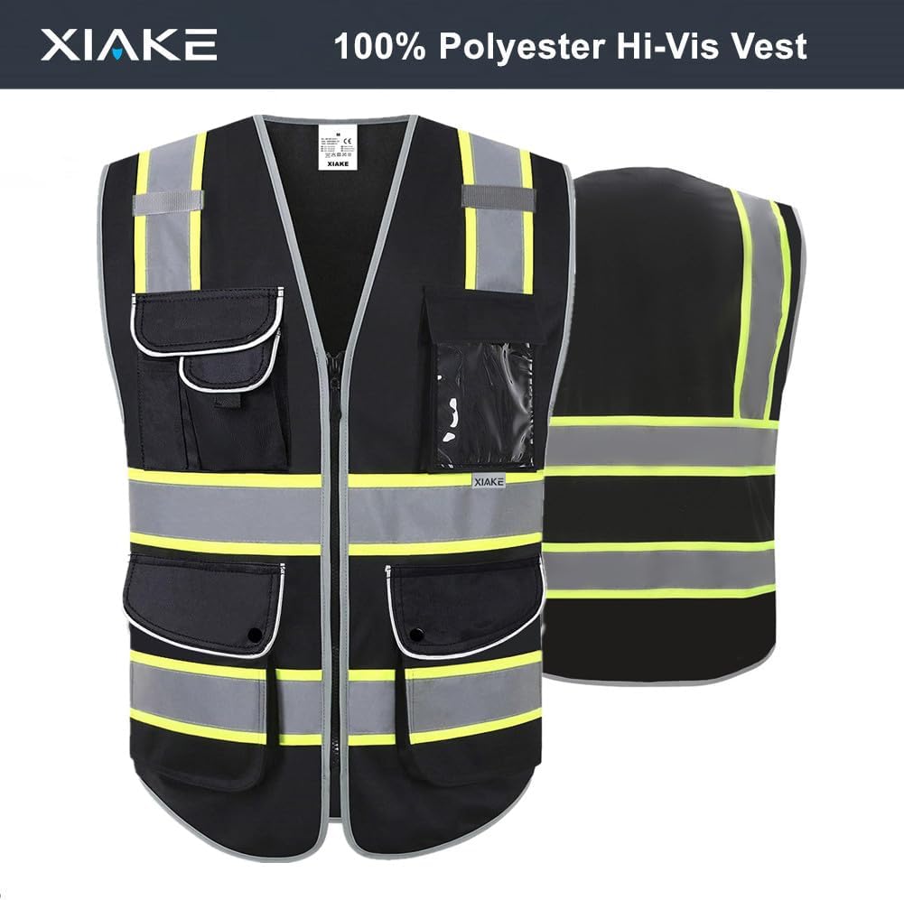 XIAKE 8 Pockets High Visibility Safety Vest Black with 2 Inch Dual