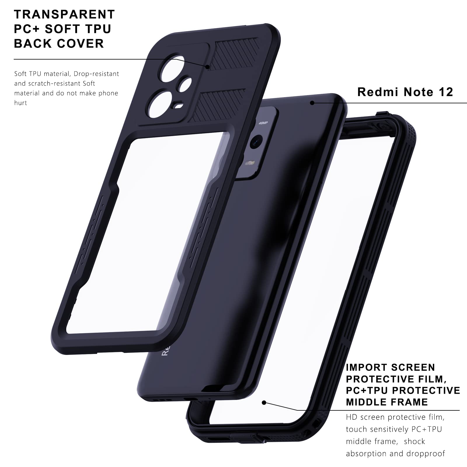 FONREST Waterdichte hoes voor Xiaomi Redmi Note 13 5G (niet 4G), IP68 Slim Schokbestendig, Stof en Sneeuw Full Body Onder Water Verzegeld Hybrid TPU PC Outdoor Transparant Hoesje met Polsband