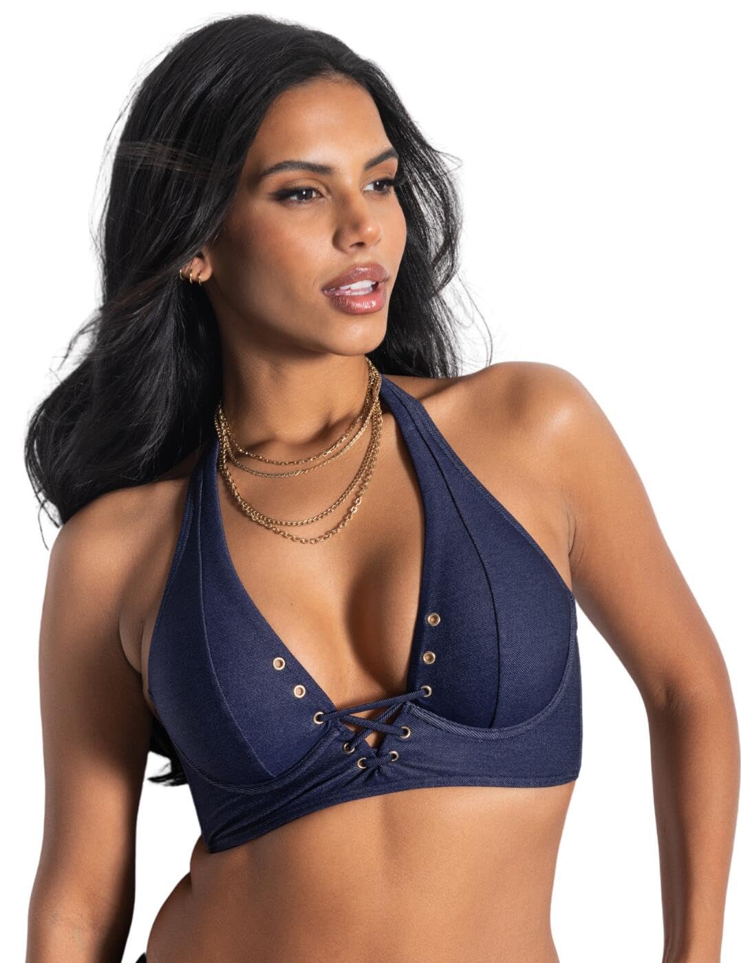 36B Pour Moi Adelaide Denim Bikini Top 29900 Lace Up Longline Underwired