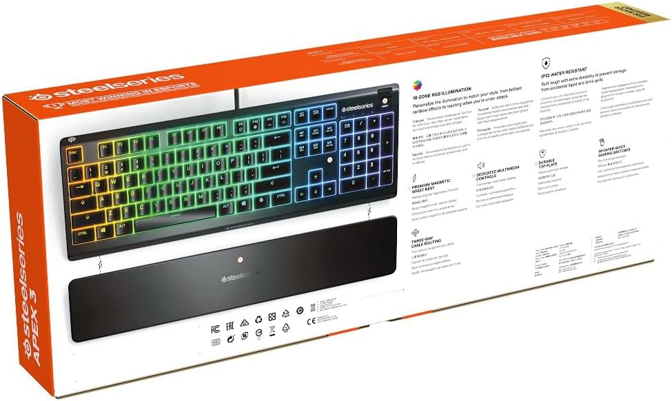 SteelSeries Apex 3 Whisper Quiet IP32 Water & Dust-Resistant Gaming Keyboard - Prism 10-Zone RGB Illumination - Premium Magnetic Wrist Rest