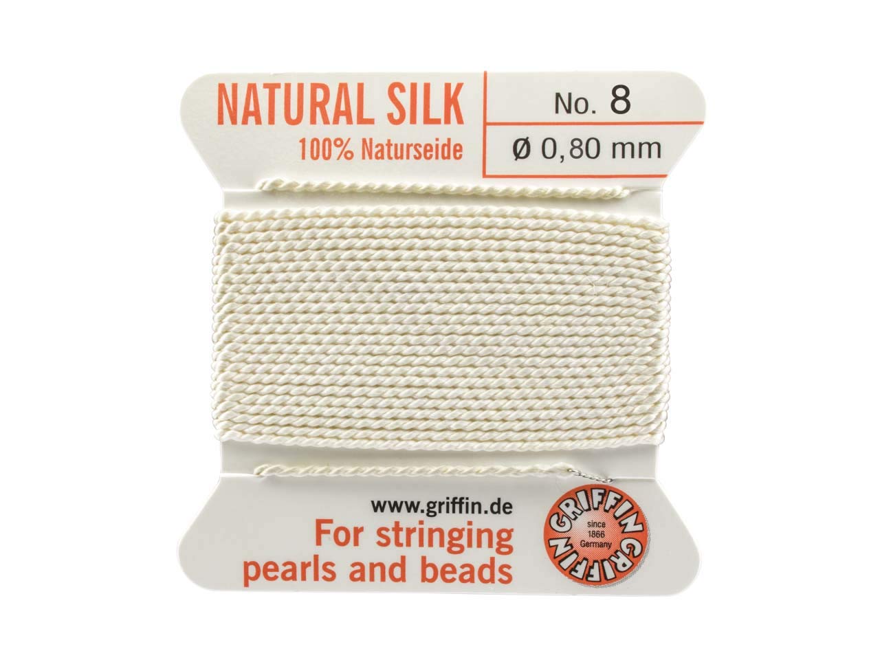 Griffin Since 1866 Germany White Griffin 100% Natural Silk Beading Cord String Thread - 2 Metres With One Needle - Size 0.80Mm