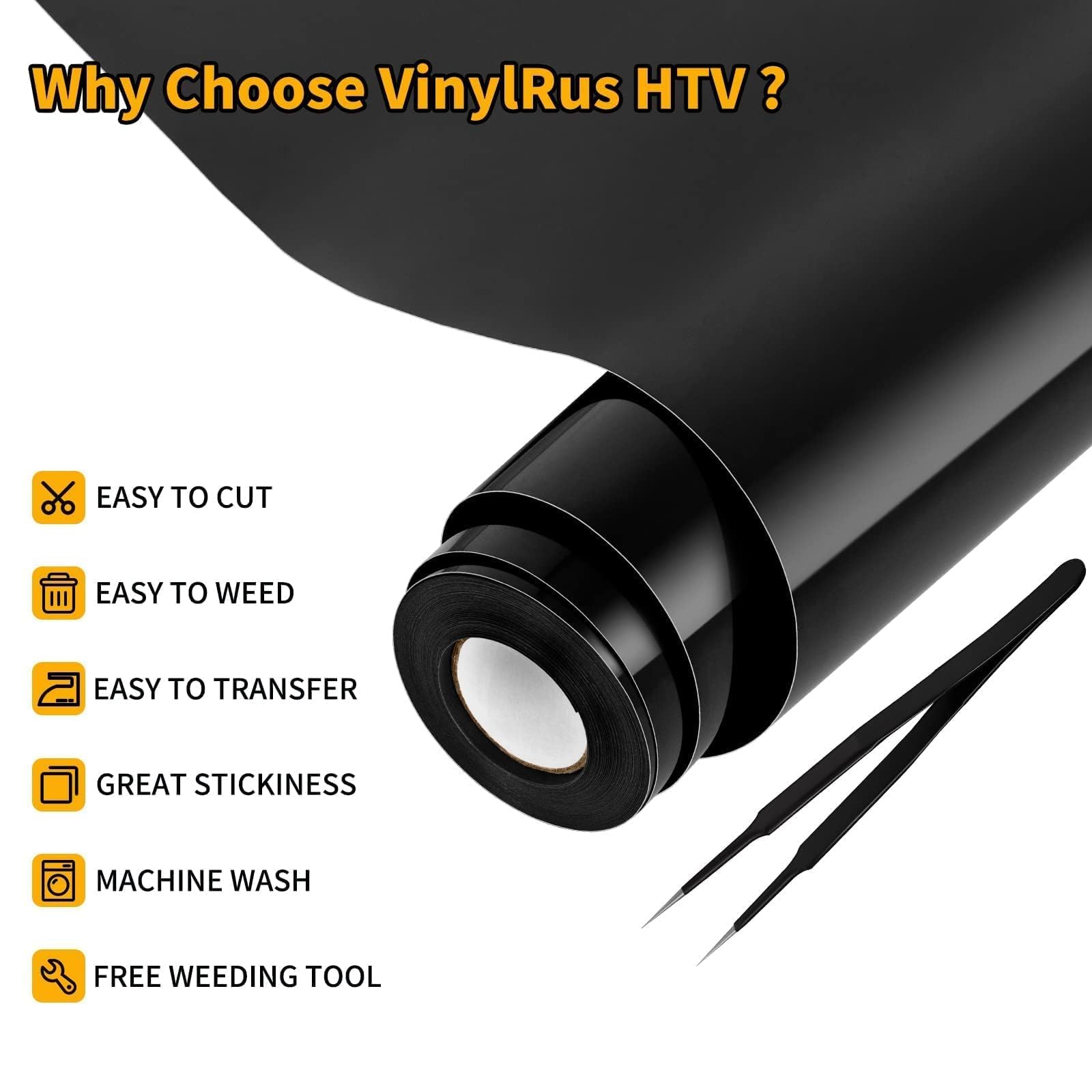 VinylRus Vinilo de transferencia de calor, rollo de vinilo negro de 12 pulgadas x 25 pies para planchar para camisas, vinilo HTV para Silhouette Cameo, fácil de cortar y quitar