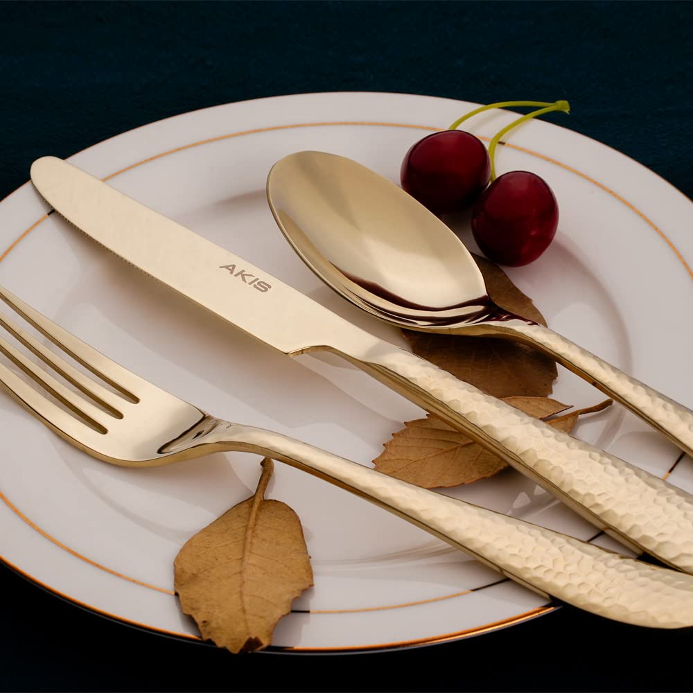 AKIS - Cubertería para 4 personas, 16 piezas, acero inoxidable, color dorado, con cuchillo, tenedor, cuchara, cubiertos de acero inoxidable de alta calidad, aptos para lavavajillas
