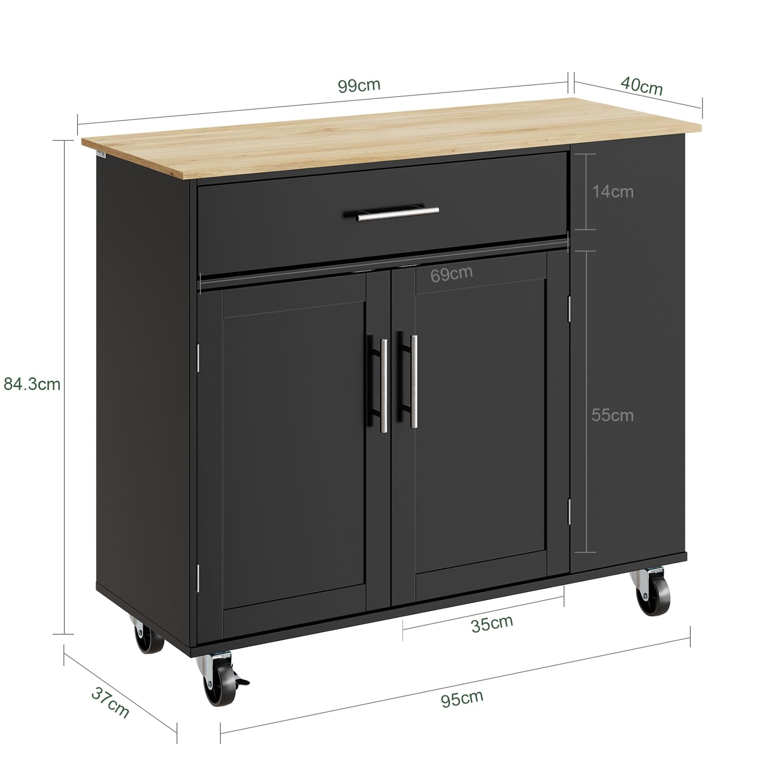 SoBuy Desserte Cuisine avec roulettes freinées et 3 étagères 99x40x84,3 cm | Meuble rangement cuisine, grand plan en bois, charge 75 kg, tiroir et placard 2 portes, MDF/PB, pour la cuisine, FKW133-SCH