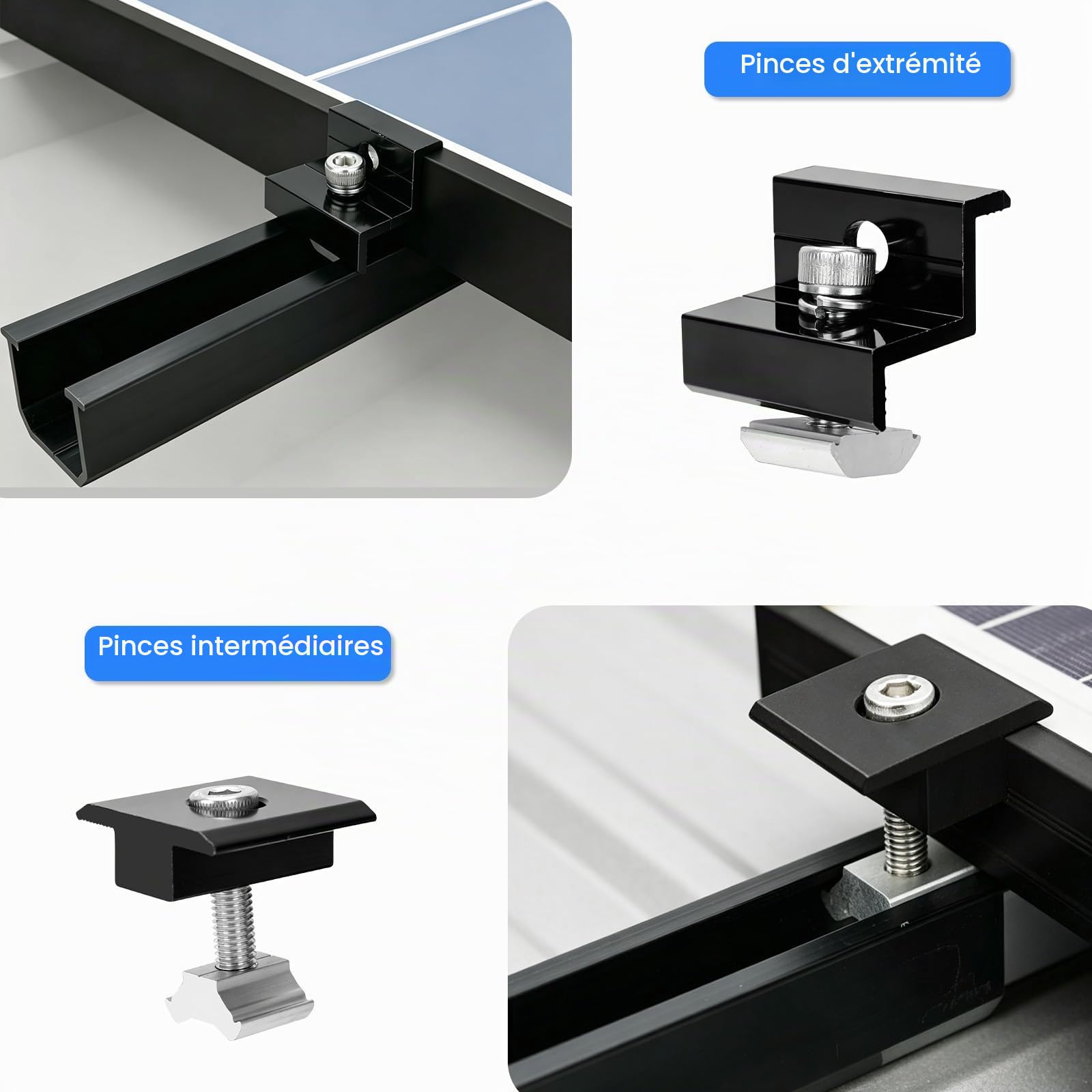 Kit de montage pour 4 panneaux solaires | Rail noir 12 cm + pince réglable | Rail noir 12cm+pince réglable pour épaisseur 30-35mm|Support aluminium pour toit plat, tôle trapézoïdale, toiture métallique