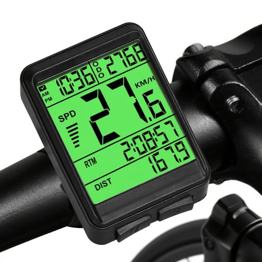 Wireless Bicycle Computer with Green Backlit LCD Display, Speed, Distance, Timer, IPX7 Waterproof, 4.5 x 6.5cm, 32g